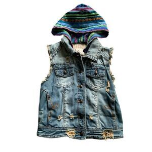 White Crow ANTHROPOLOGIE Distressed Denim Hooded JEAN VEST JACKET Women’s sz S